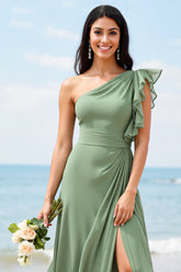 Ein Schulter Chiffon Dusty Sage A Linie Brautjungfernkleid